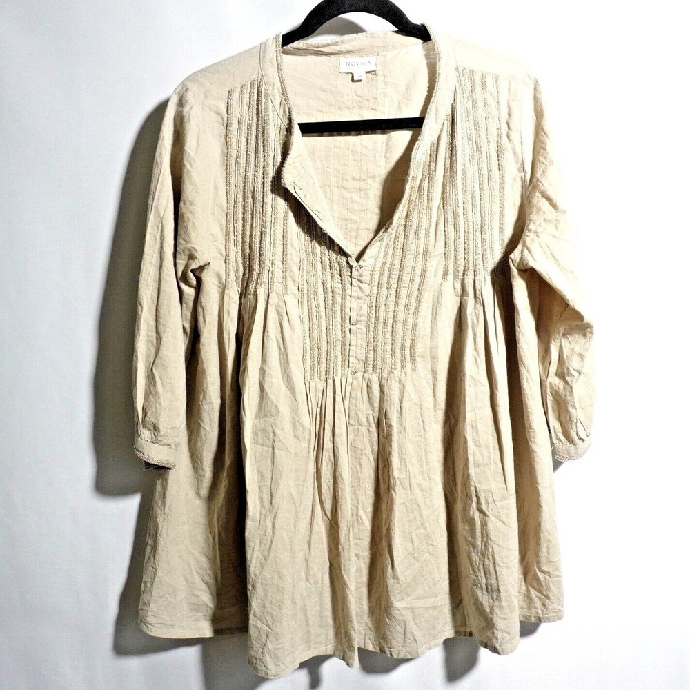 Novica 100% Cotton Beaded Tunic Top‎ 3/4 Sleeve Boho Cottage Lagenlook Beachy M